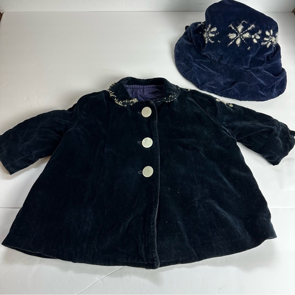 Vintage Velvet Kid’s Cape Coat & Bonnet Handmade Unisex Navy Blue Antique